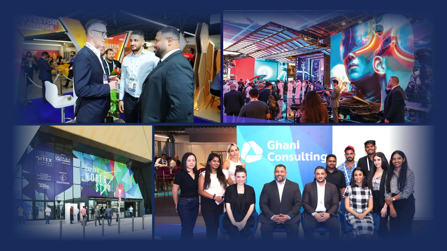 Photo collage from the Innovation Showcase: delegates networking beside exhibition booths, a lounge session, and the Ghani Consulting team on stage