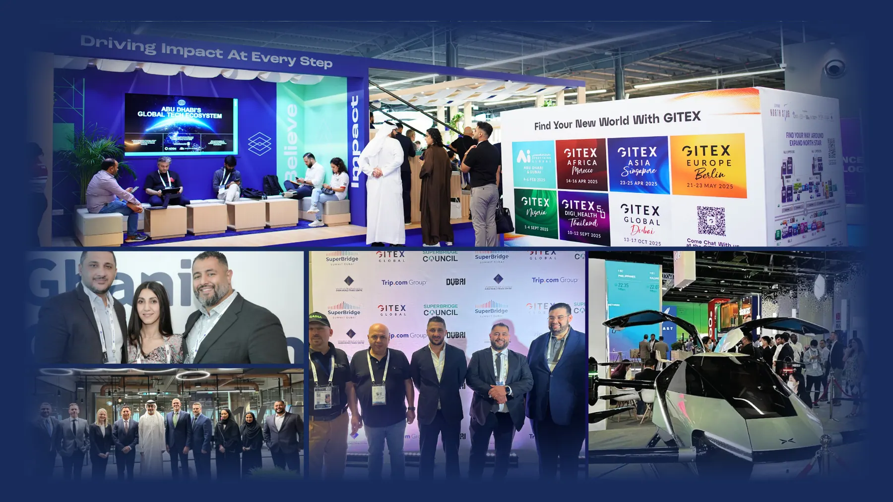 Photo collage of technology showcases: a GITEX stand, delegations meeting at the SuperBridge Summit backdrop, and an electric air-taxi on display