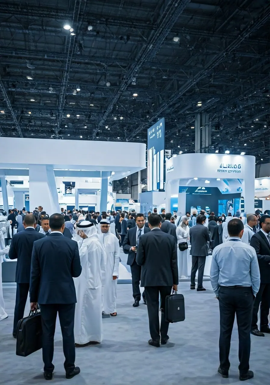 Delegates in suits and kanduras crowd the aisles between white exhibitor stands in a Dubai technology trade-show hall.
