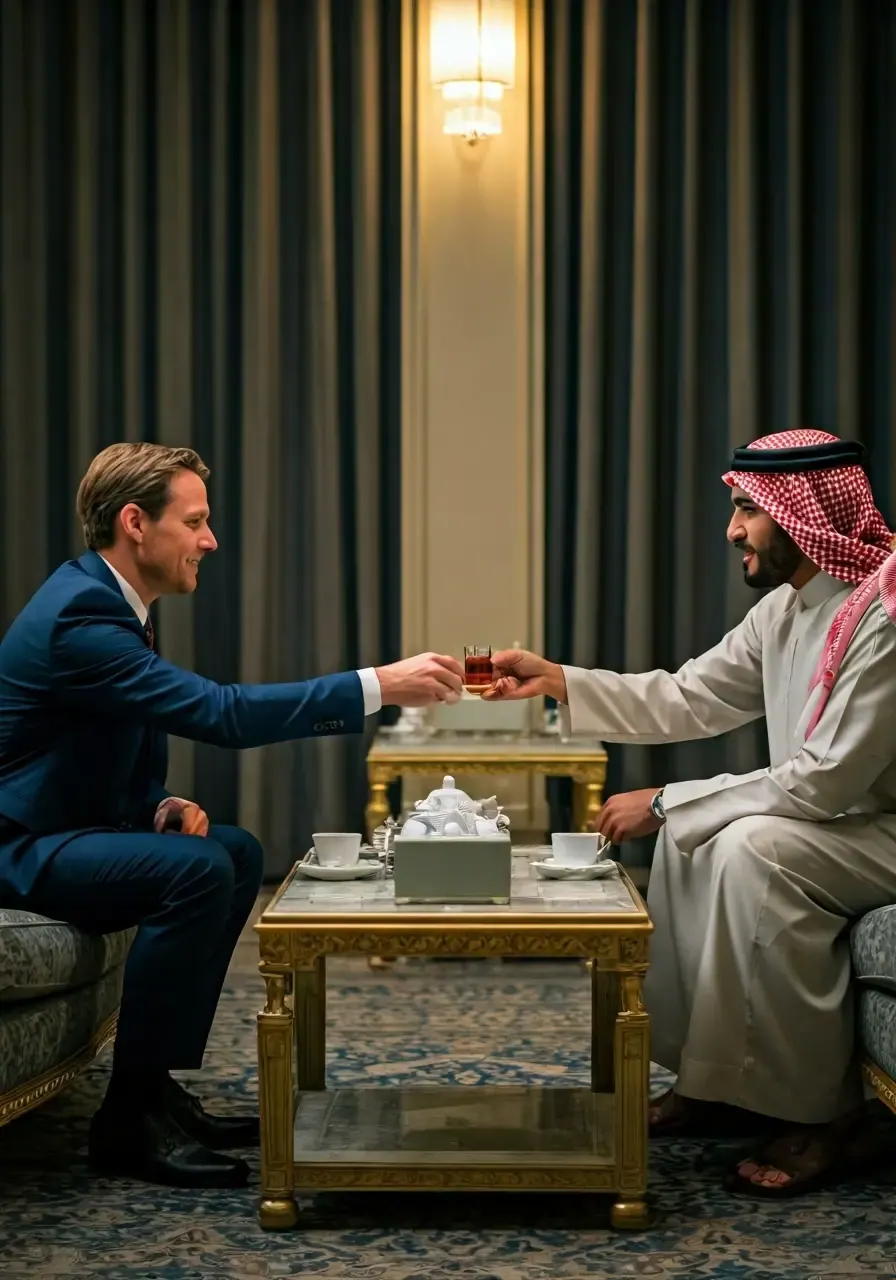 A visiting Western executive in a navy suit and an Emirati host in a kandura share a glass of tea across a low gilded table in a Dubai majlis.