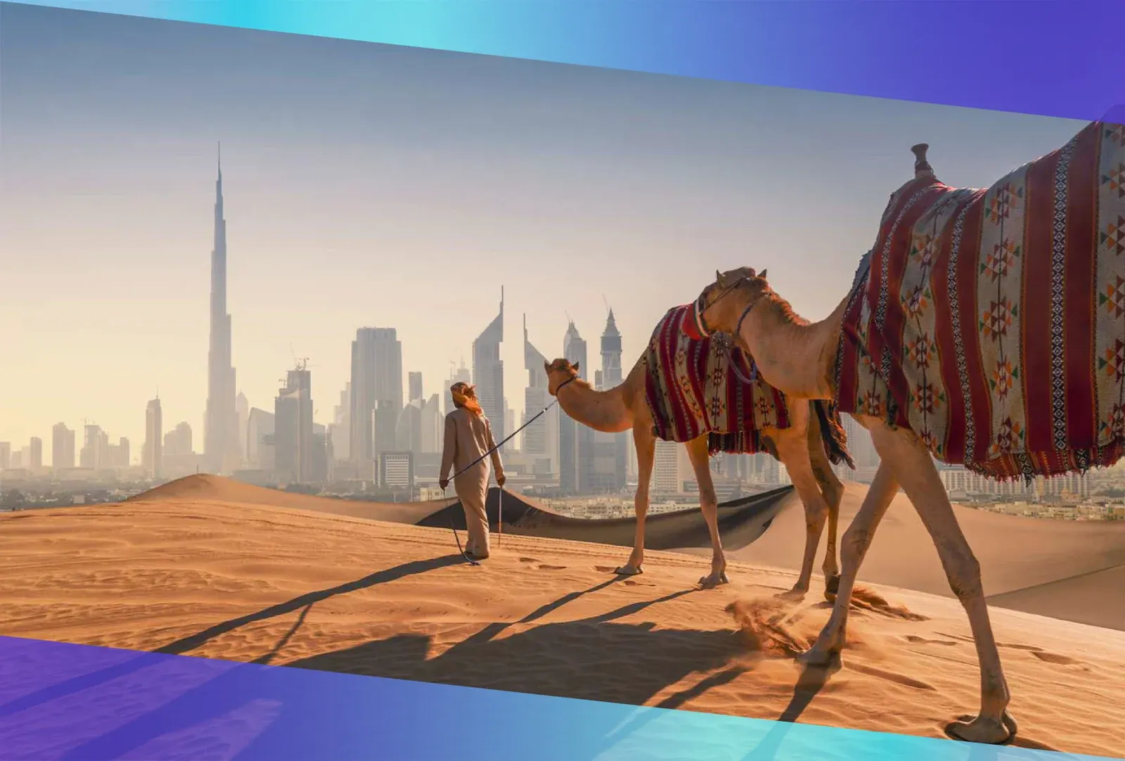 A handler leading a decorated camel across the desert with the Dubai skyline behind